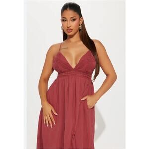 Fashion Nova Boho Linen Maxi Dress Lined Pockets Rust Red Color Size 1X